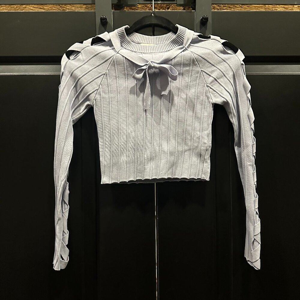 For Love and Lemons KNIT Ribbed Powder Blue Long Sleeved Crop Top